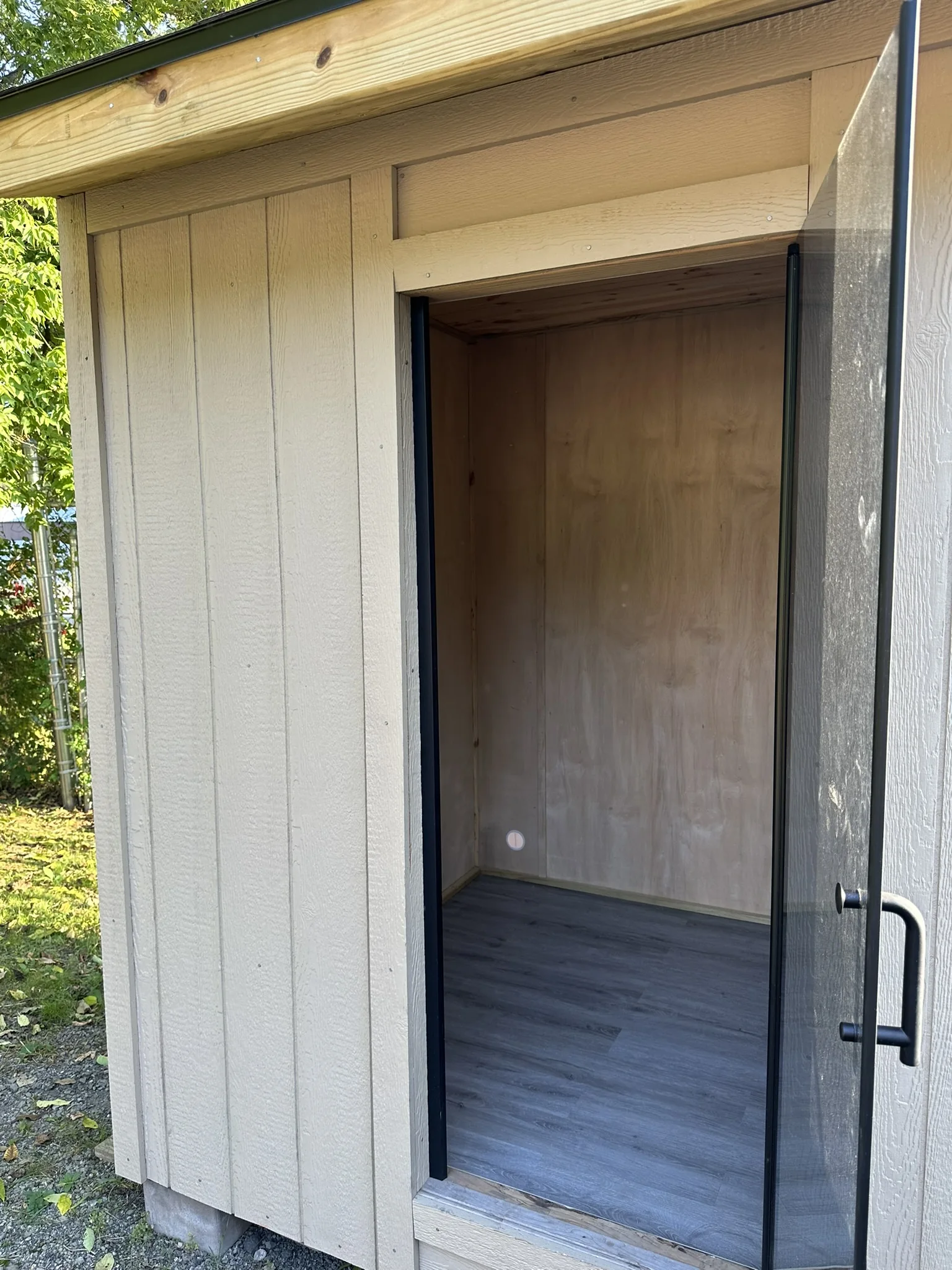 Custom-built shed doorway and finished interior